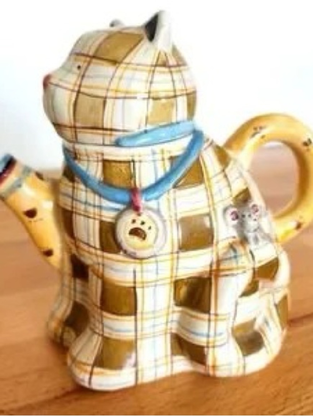 Yellow Plaid Ceramic Cat Teapot with Blue Collar